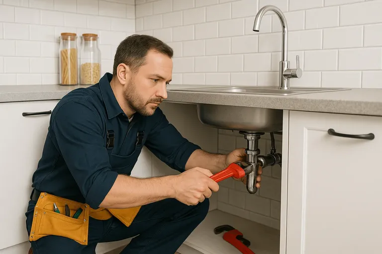 Plumber repairing sink drain under kitchen counter, demonstrating expert plumbing services for home installations and repairs