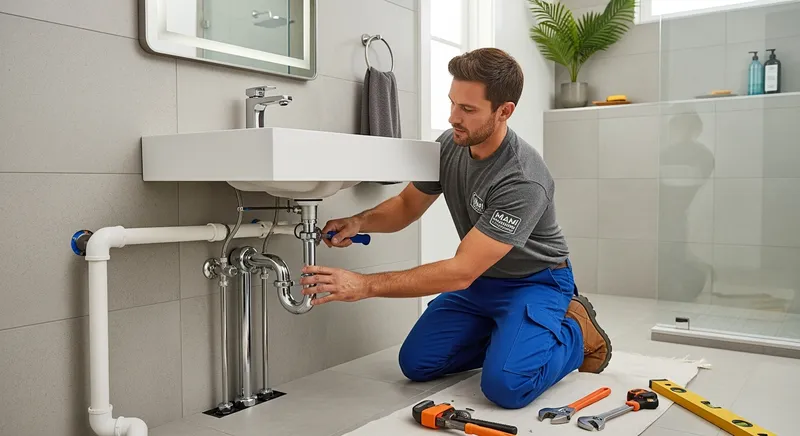 professional plumber installing new bathroom plumbing in a Miami-Dade bathroom, emphasizing modern bathroom plumbing services