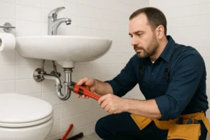 Plumber repairing bathroom sink drain with adjustable wrench in residential setting, emphasizing professional plumbing services in Franklin County