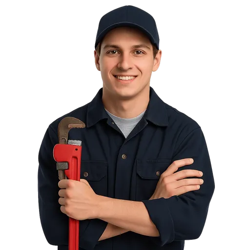Plumber holding a red adjustable wrench, smiling, representing expert plumbing services for residential and commercial customers in Franklin County