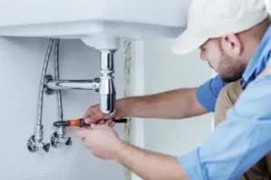 Plumber repairing sink plumbing under a white basin, showcasing expertise in emergency plumbing services for Columbus Metro residents