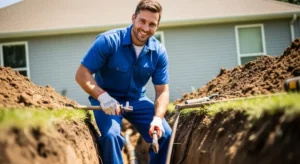 Plumber smiling while working on a sewer line repair in a dug trench, showcasing expertise and commitment to quality plumbing services in the Columbus Metro