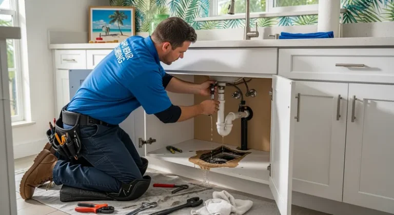 an image of a professional plumber repairing a burst pipe in a Knoxville kitchen, emphasizing emergency plumbing services