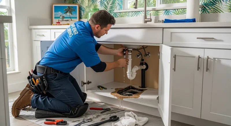 an image of a professional plumber repairing a burst pipe in a Knoxville kitchen, emphasizing emergency plumbing services